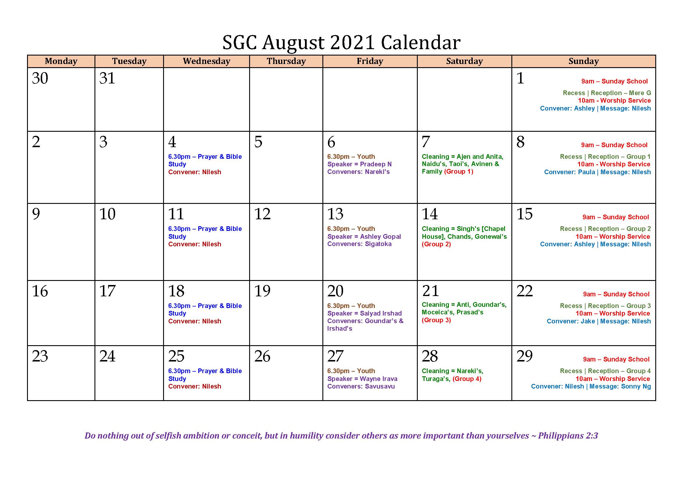 August Calendar Samabula Gospel Chapel
