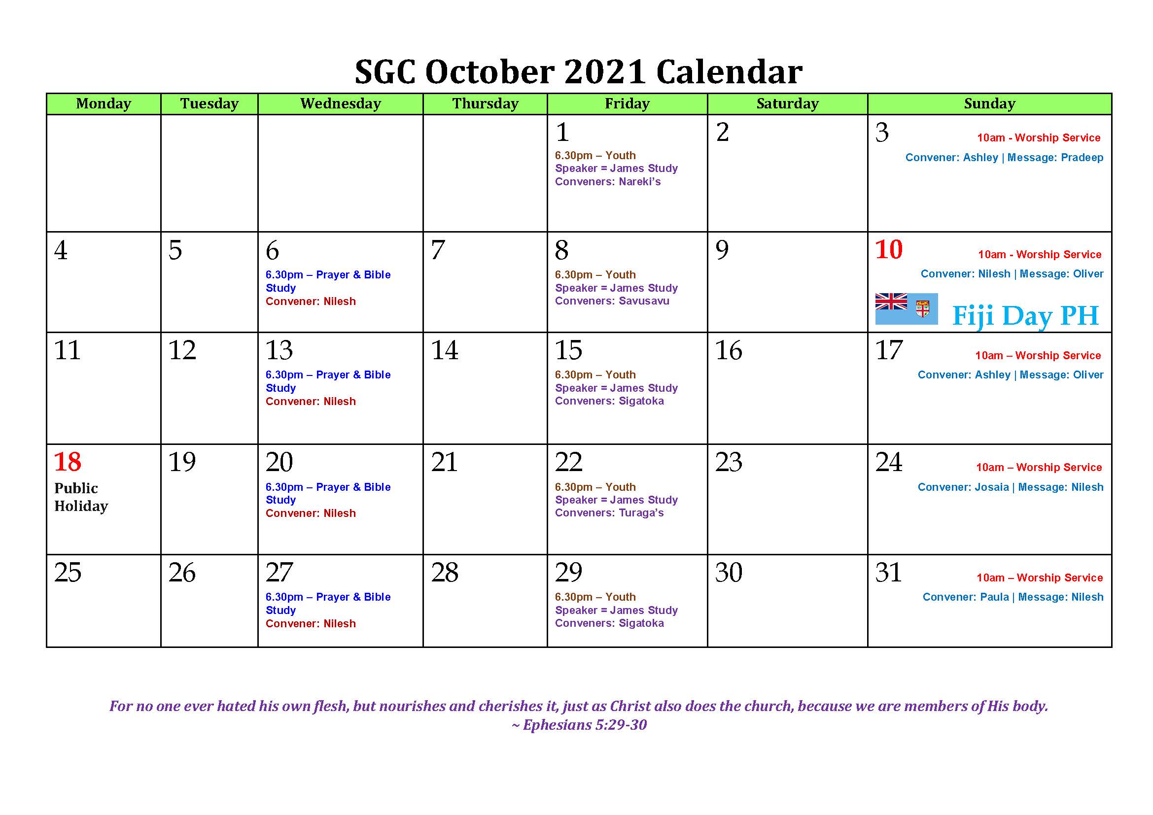 October 2021 - Calendar for Samabula Gospel Chapel